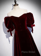 Wine Red Velvet A-Line Simple Party Dresses, Wine Red Velvet Long Formal Prom Dresses