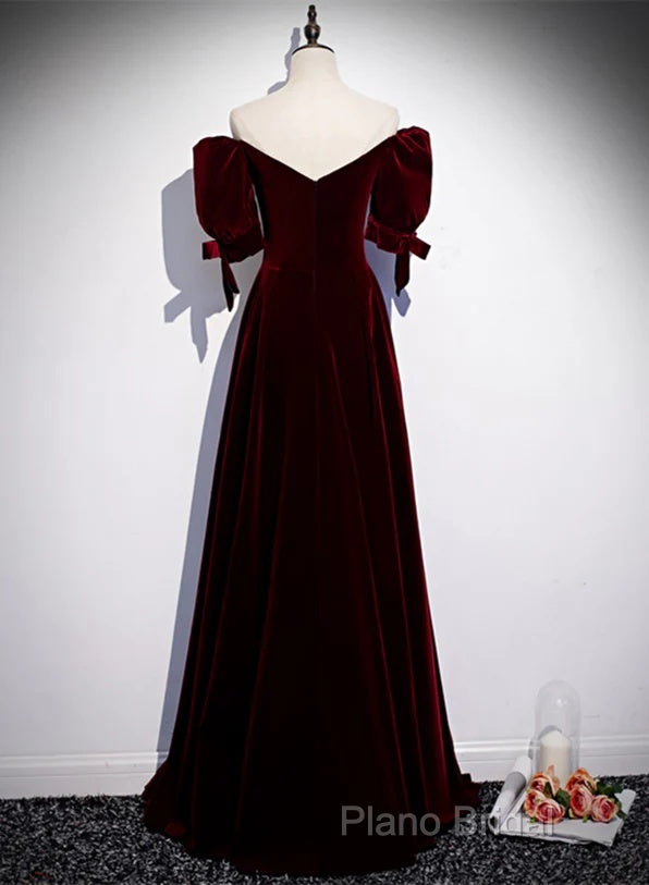 Wine Red Velvet A-Line Simple Party Dresses, Wine Red Velvet Long Formal Prom Dresses