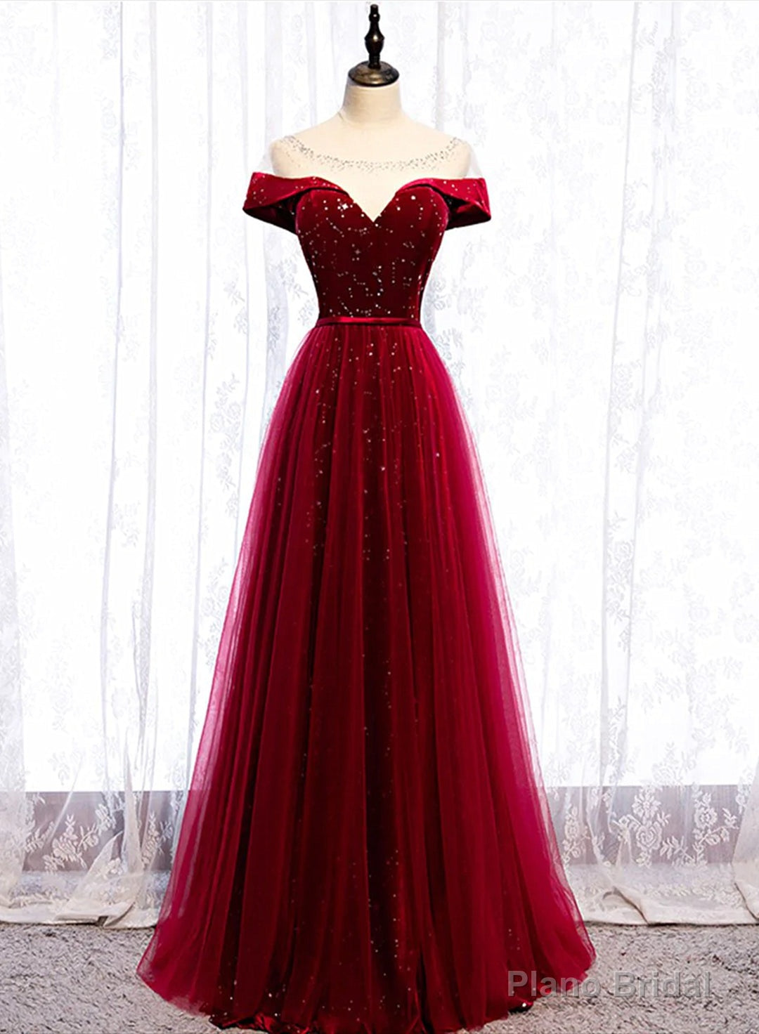 Wine Red Velvet and Tulle Long Prom Dress, A-line Wine Red Floor Length Prom Dress Secondary image