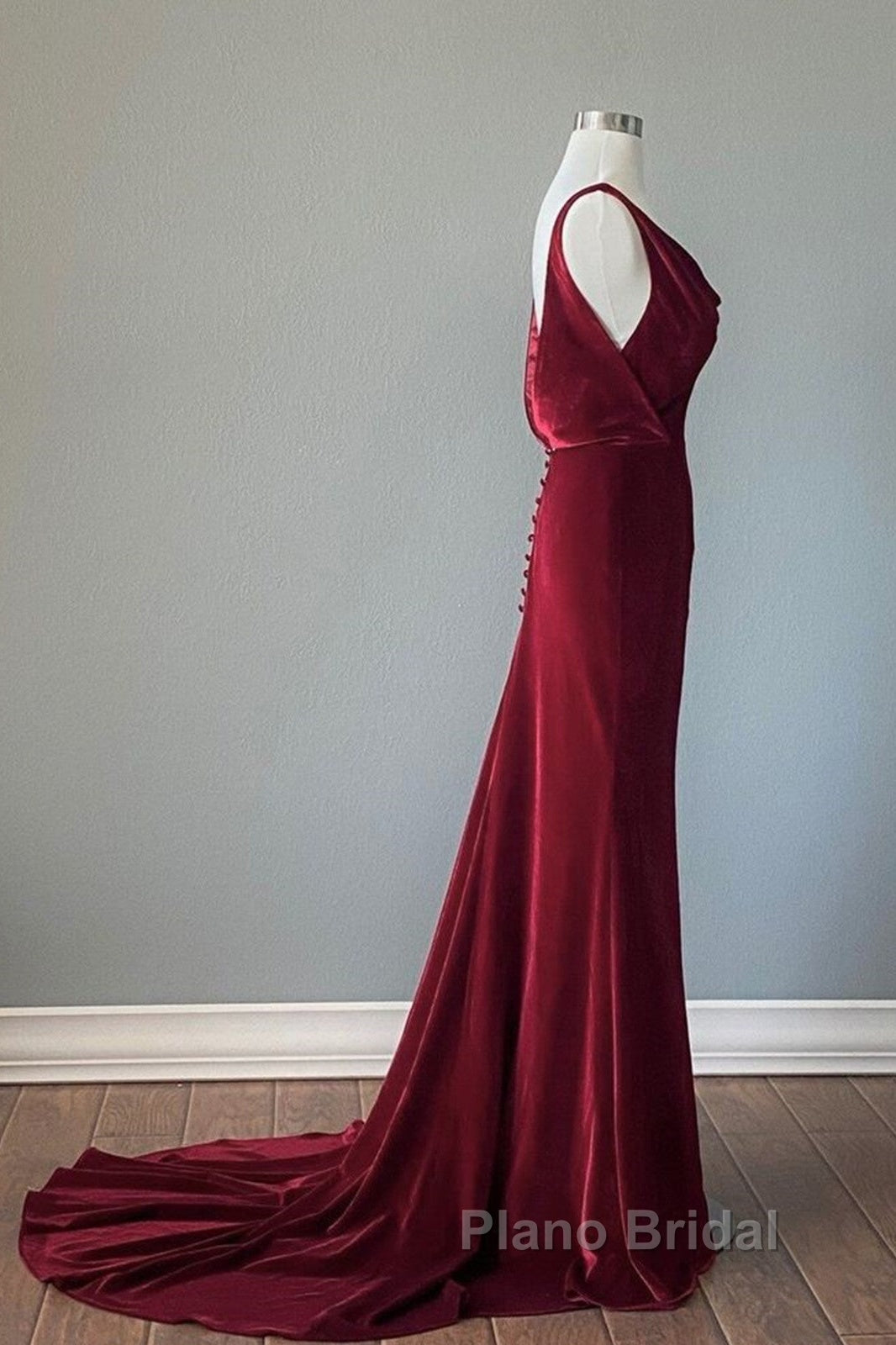 Wine Red Velvet Backless Straps Formal Prom Dresses, Wine Red Velvet Party Dresses Secondary image