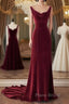 Wine Red Velvet Backless Straps Formal Prom Dresses, Wine Red Velvet Party Dresses