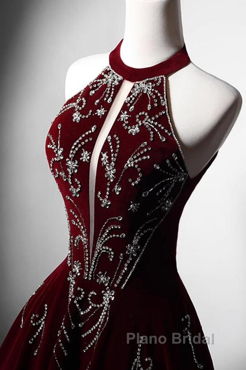 Wine Red Velvet Beaded Halter Long Formal Dresses, A-Line Velvet Formal Prom Dresses Secondary image