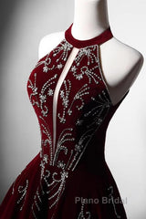 Wine Red Velvet Beaded Halter Long Formal Dresses, A-Line Velvet Formal Prom Dresses