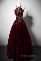 Wine Red Velvet Beaded Halter Long Formal Dresses, A-Line Velvet Formal Prom Dresses