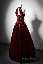 Wine Red Velvet Beaded Halter Long Formal Dresses, A-Line Velvet Formal Prom Dresses
