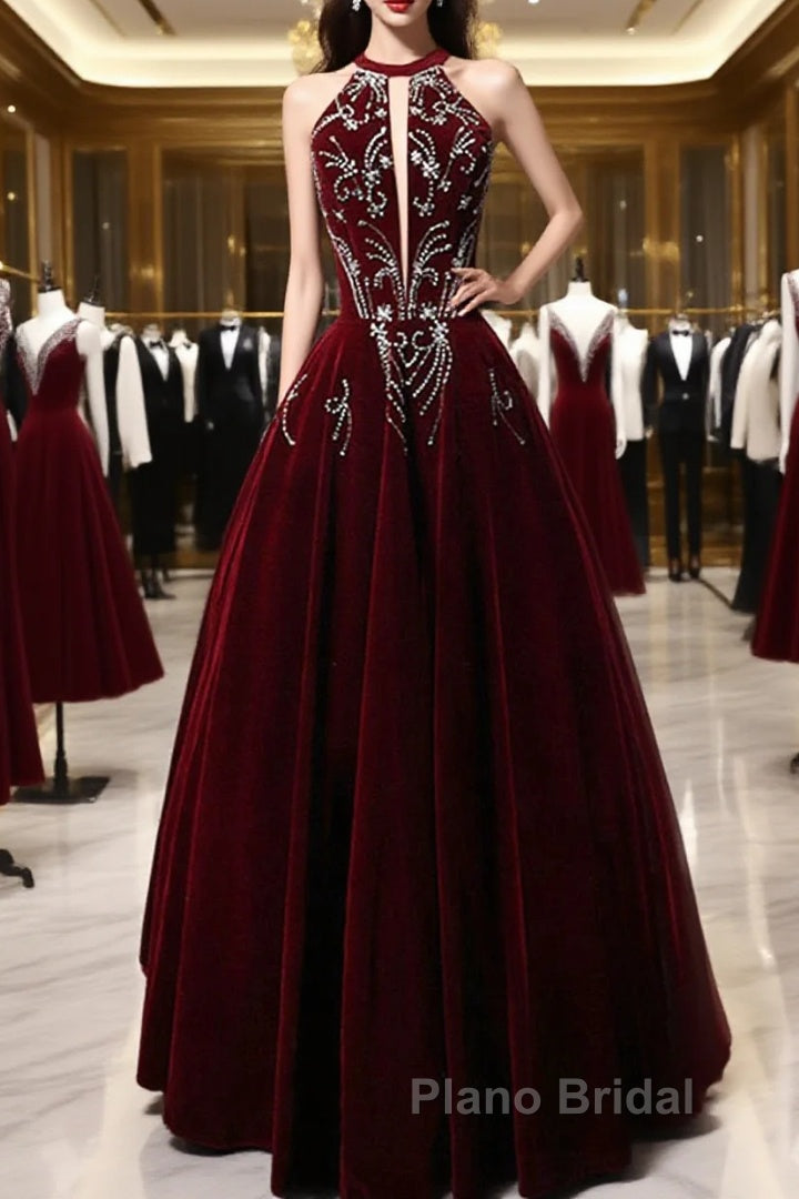 Wine Red Velvet Beaded Halter Long Formal Dresses, A-Line Velvet Formal Prom Dresses