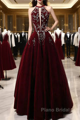 Wine Red Velvet Beaded Halter Long Formal Dresses, A-Line Velvet Formal Prom Dresses