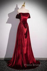 Wine Red Velvet Floor Length Long Formal Dresses, A-Line Velvet Bridesmaid Dresses