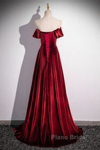 Wine Red Velvet Floor Length Long Formal Dresses, A-Line Velvet Bridesmaid Dresses