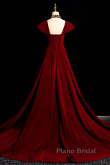 Wine Red Velvet Long Formal Dresses With Beadings, Wine Red Formal Prom Dresses