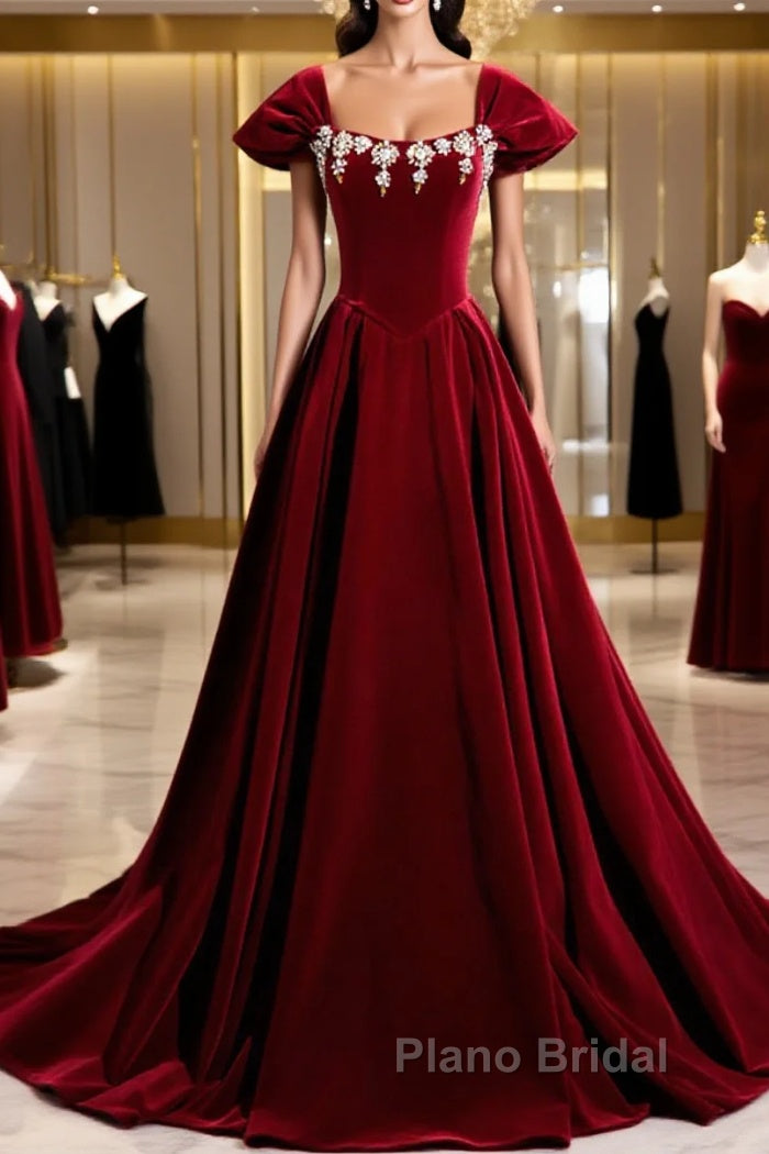 Wine Red Velvet Long Formal Dresses With Beadings, Wine Red Formal Prom Dresses Main image