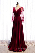 Wine Red Velvet Long Party Dresses Formal Prom Dresses, A-Line Long Sleeves Formal Dresses