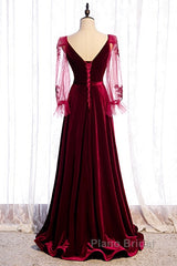 Wine Red Velvet Long Party Dresses Formal Prom Dresses, A-Line Long Sleeves Formal Dresses