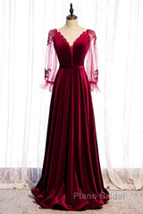 Wine Red Velvet Long Party Dresses Formal Prom Dresses, A-Line Long Sleeves Formal Dresses