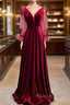 Wine Red Velvet Long Party Dresses Formal Prom Dresses, A-Line Long Sleeves Formal Dresses