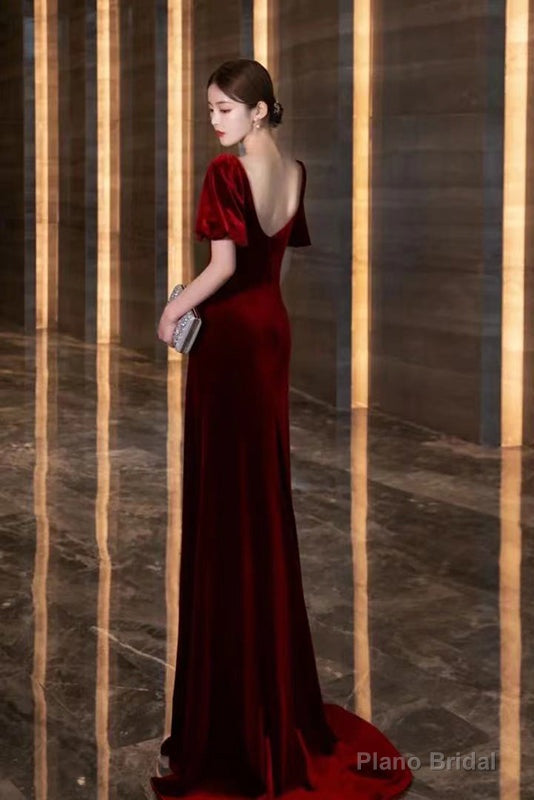 Wine Red Velvet Long Round Neckline Party Dress, Wine Red Prom Dresses Main image