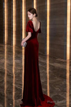 Wine Red Velvet Long Round Neckline Party Dress, Wine Red Prom Dresses