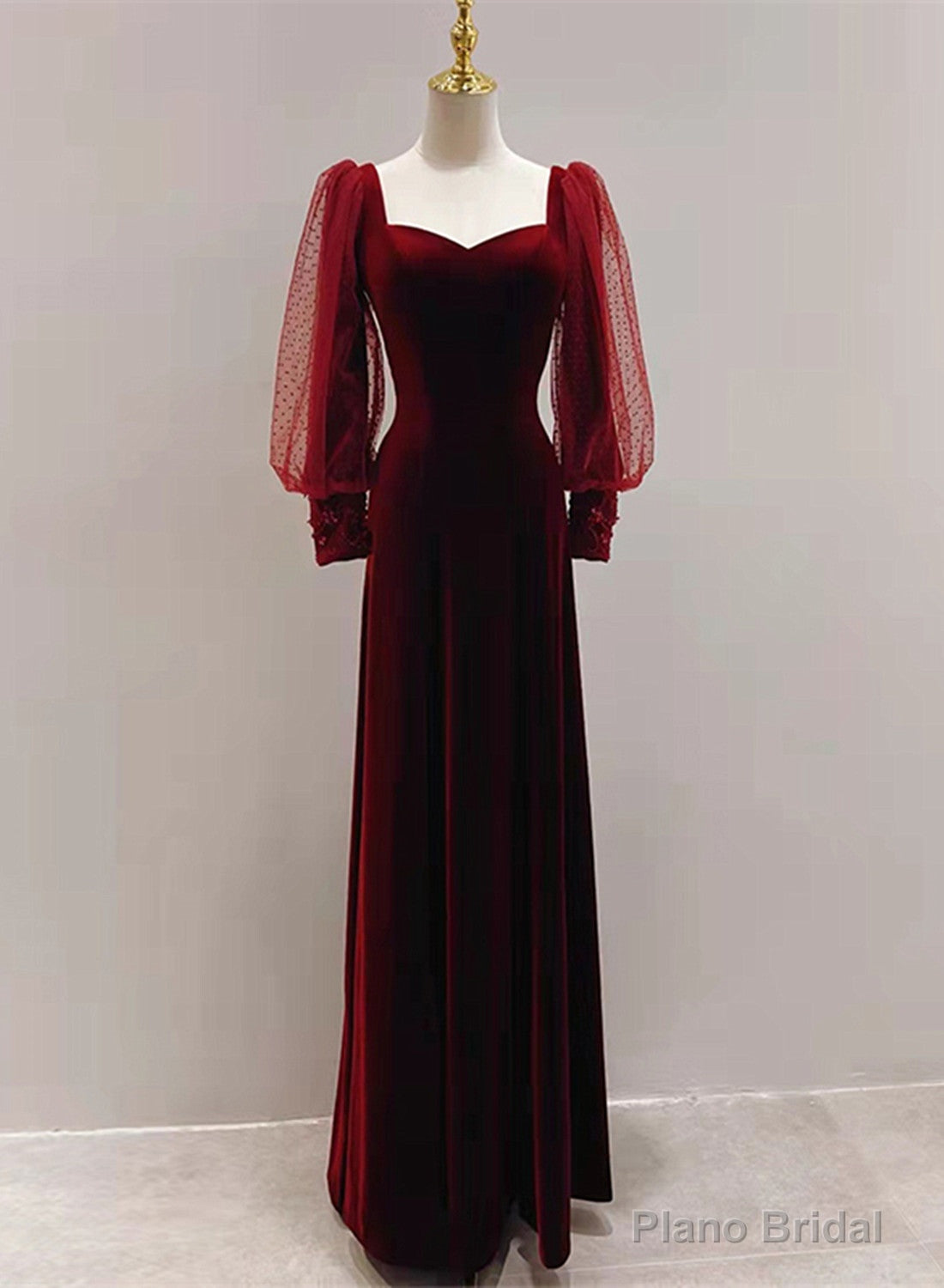 Wine Red Velvet Long Sleeves Floor Length Bridesmaid Dress, Wine Red Long Prom Dress Secondary image