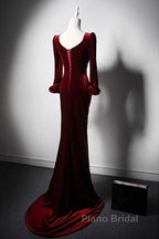Wine Red Velvet Long Sleeves Mermaid Long Formal Prom Dresses, Wine Red Evening Dresses