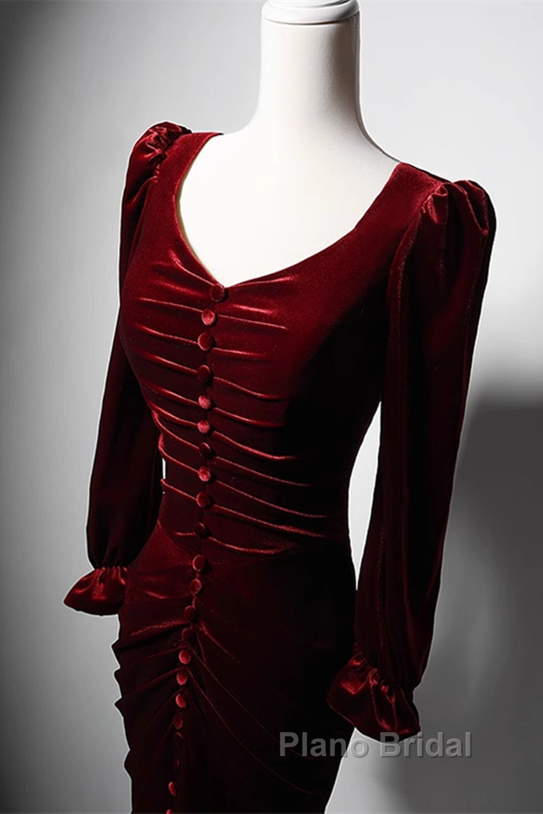 Wine Red Velvet Long Sleeves Mermaid Long Formal Prom Dresses, Wine Red Evening Dresses