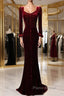 Wine Red Velvet Long Sleeves Mermaid Long Formal Prom Dresses, Wine Red Evening Dresses