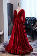 Wine Red Velvet Long Sleeves See Through Formal Prom Dresses, Wine Red Wedding Party Dresses