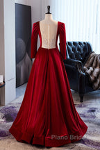 Wine Red Velvet Long Sleeves See Through Formal Prom Dresses, Wine Red Wedding Party Dresses