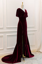 Wine Red Velvet Long Wedding Party Dresses With Leg Slit, Wine Red Formal Dresses