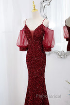 Wine Red Velvet Mermaid Long Party Dresses, Wine Red Vekvet Formal Prom Dresses