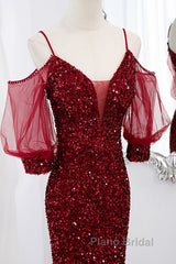 Wine Red Velvet Mermaid Long Party Dresses, Wine Red Vekvet Formal Prom Dresses