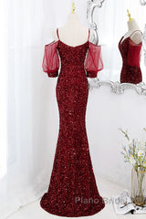 Wine Red Velvet Mermaid Long Party Dresses, Wine Red Vekvet Formal Prom Dresses