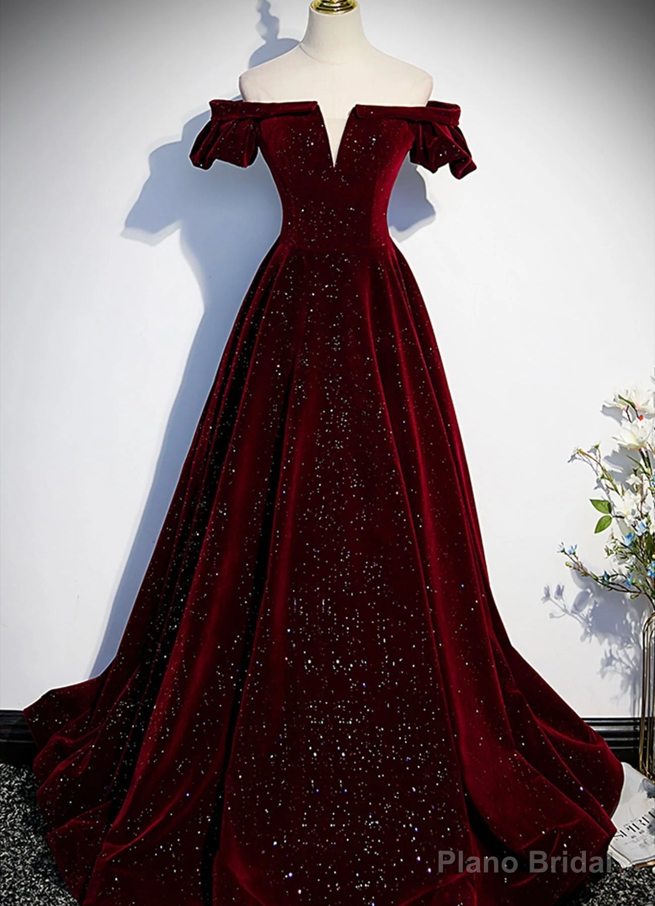 Wine Red Velvet Off Shoulder Long Formal Evening Gown, Wine Red Prom Dresses Secondary image