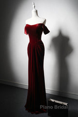 Wine Red Velvet Off Shoulder Long Mermaid Formal Prom Dresses, Wine Red Velvet Eveing Dresses
