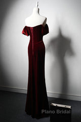 Wine Red Velvet Off Shoulder Long Mermaid Formal Prom Dresses, Wine Red Velvet Eveing Dresses