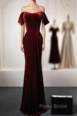 Wine Red Velvet Off Shoulder Long Mermaid Formal Prom Dresses, Wine Red Velvet Eveing Dresses