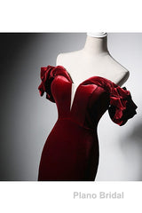 Wine Red Velvet Off Shoulder Mermaid Long Formal Prom Dresses, Long Lace-Up Evening Dresses