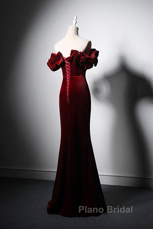 Wine Red Velvet Off Shoulder Mermaid Long Formal Prom Dresses, Long Lace-Up Evening Dresses