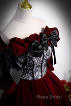 Wine Red Velvet Off Shoulder Party Dresses With Bow, Wine Red Velvet Long Formal Prom Dresses
