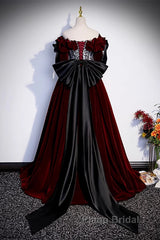 Wine Red Velvet Off Shoulder Party Dresses With Bow, Wine Red Velvet Long Formal Prom Dresses