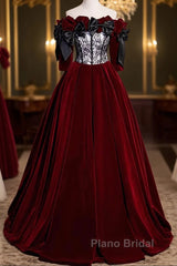 Wine Red Velvet Off Shoulder Party Dresses With Bow, Wine Red Velvet Long Formal Prom Dresses