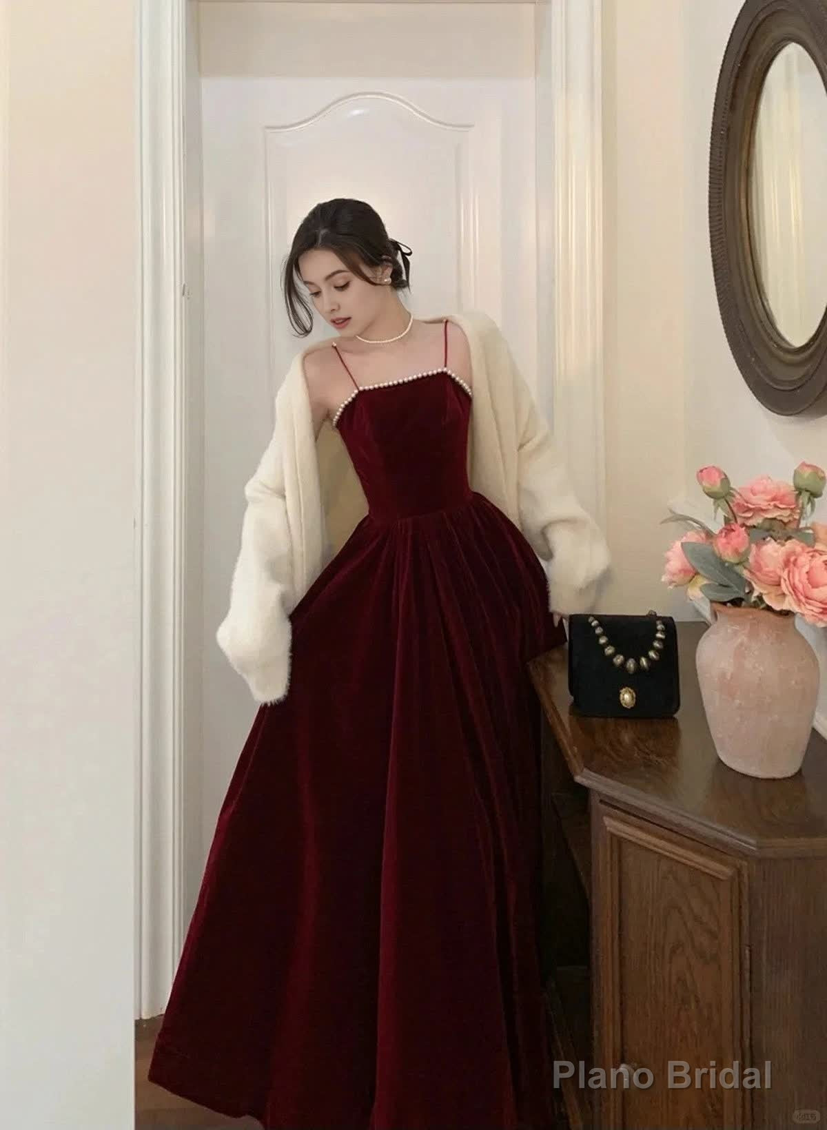 Wine Red Velvet Straps Long Evening Dress, Wine Red Velvet Prom Dress Main image