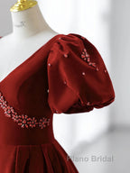 Wine Red Velvet V-Neckline Beaded Short Sleeves Party Dresses, Wine Red Long Formal Prom Dresses
