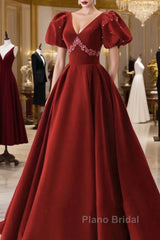 Wine Red Velvet V-Neckline Beaded Short Sleeves Party Dresses, Wine Red Long Formal Prom Dresses