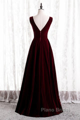 Wine Red Velvet V-Neckline Simple Long Party Dresses, Wine Red Bridesmaid Dresses