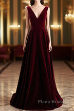 Wine Red Velvet V-Neckline Simple Long Party Dresses, Wine Red Bridesmaid Dresses