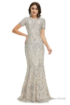 Short Sleeves Sequins A-Line Formal Evening Dress