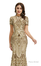 Short Sleeves Sequins A-Line Formal Evening Dress