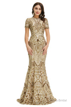 Short Sleeves Sequins A-Line Formal Evening Dress