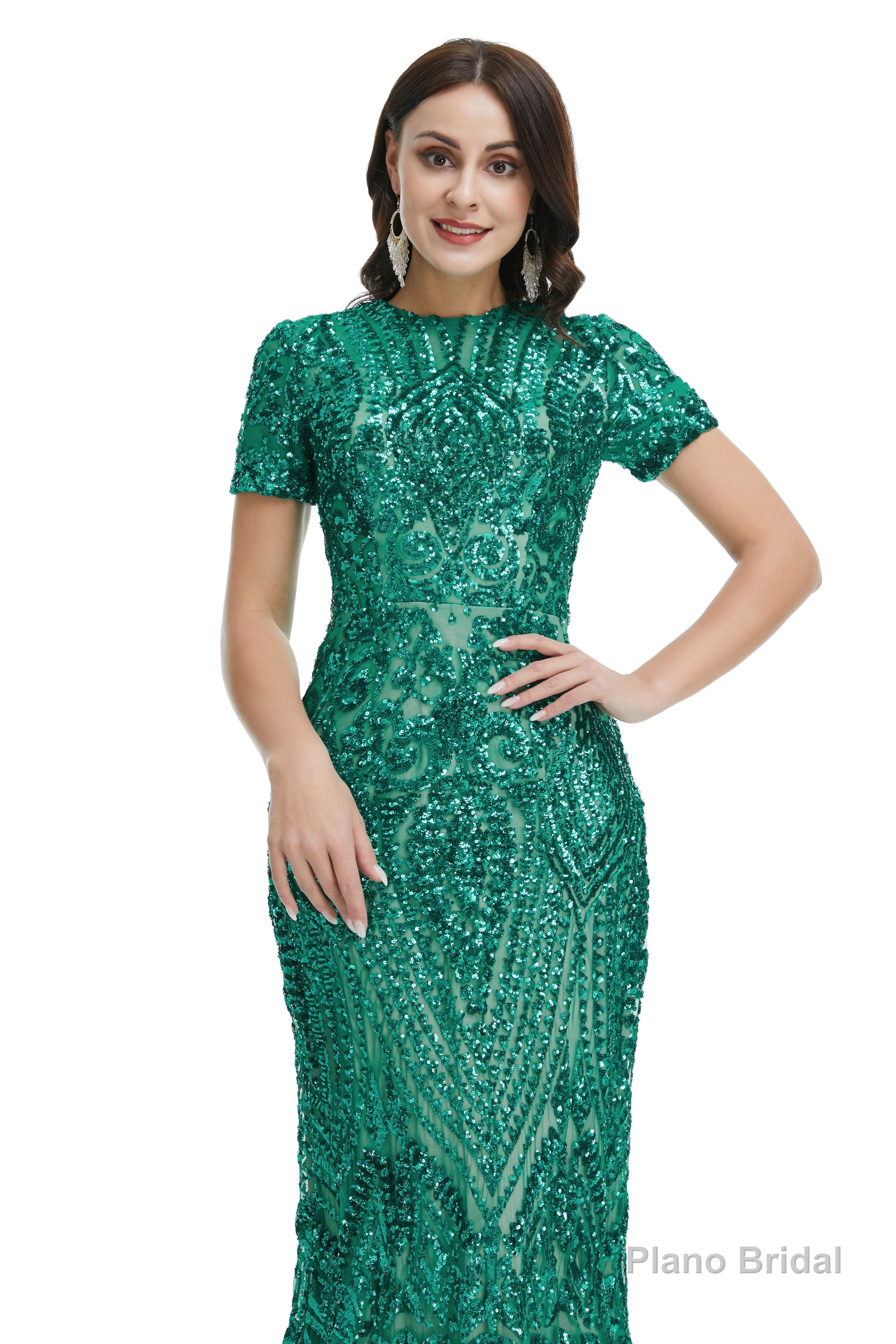 Short Sleeves Sequins A-Line Formal Evening Dress