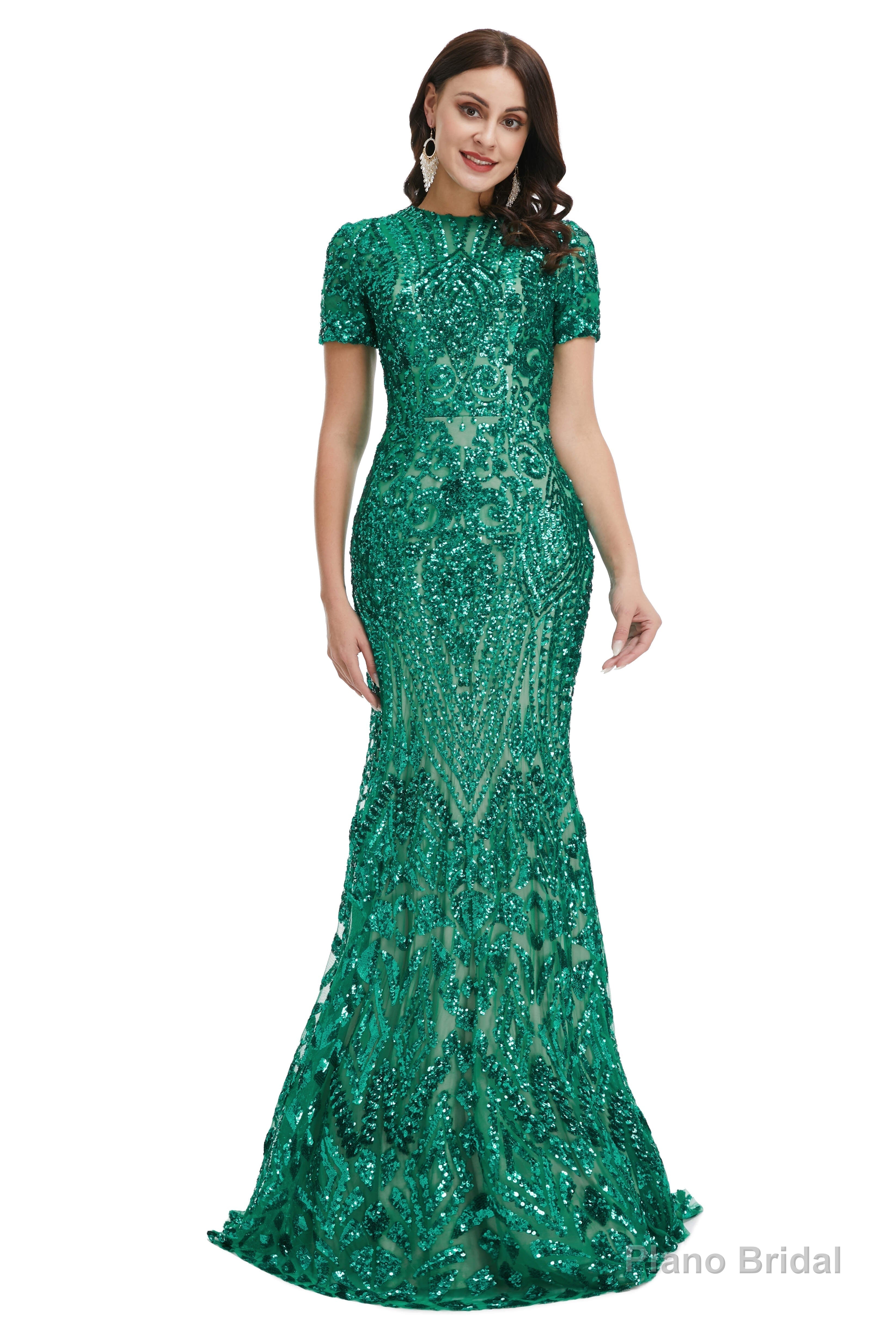 Short Sleeves Sequins A-Line Formal Evening Dress